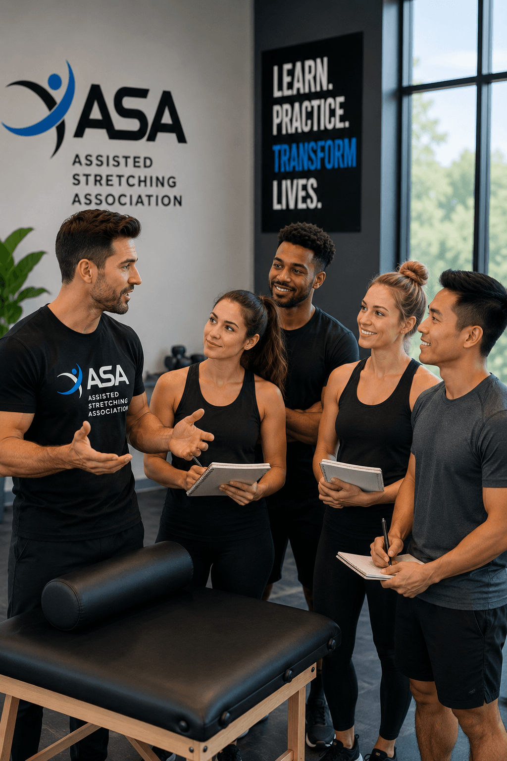 An ASA instructor teaching a group of fitness professionals beside a professional stretch table during hands-on assisted-stretching certification training.