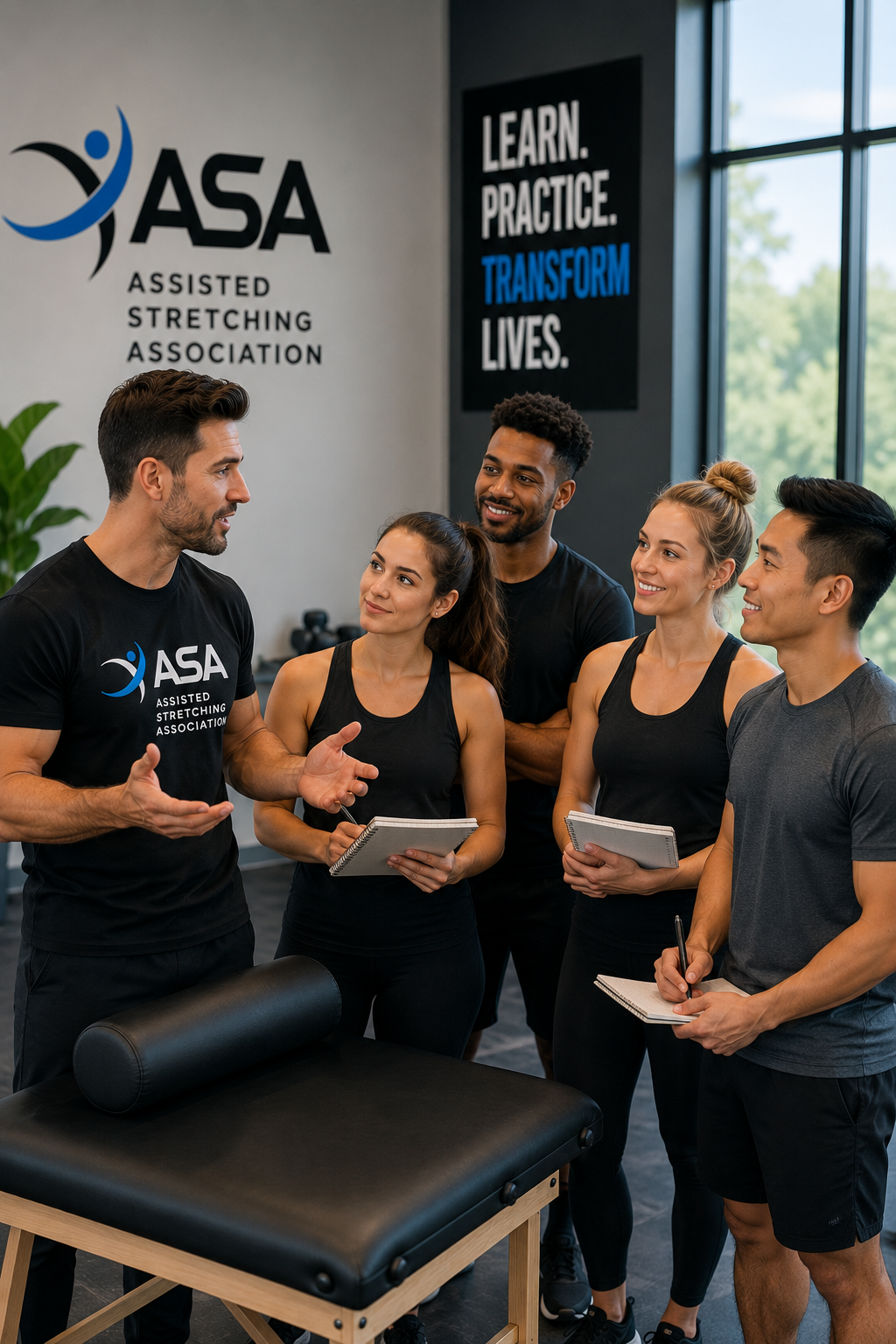 ASA instructor teaching students during hands-on assisted-stretching certification training.